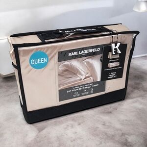 Satin Sheet Set Karl Lagerfeld Paris Gold Biege 4 pc Queen Size Silky Easy Care
